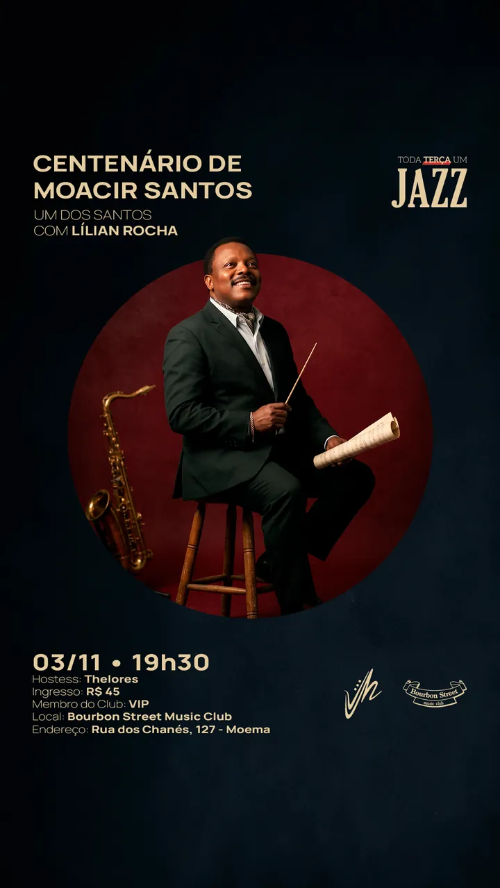 Cartaz do Centenário de Moacir Santos com Lílian Rocha, 3 de novembro, 19h30.