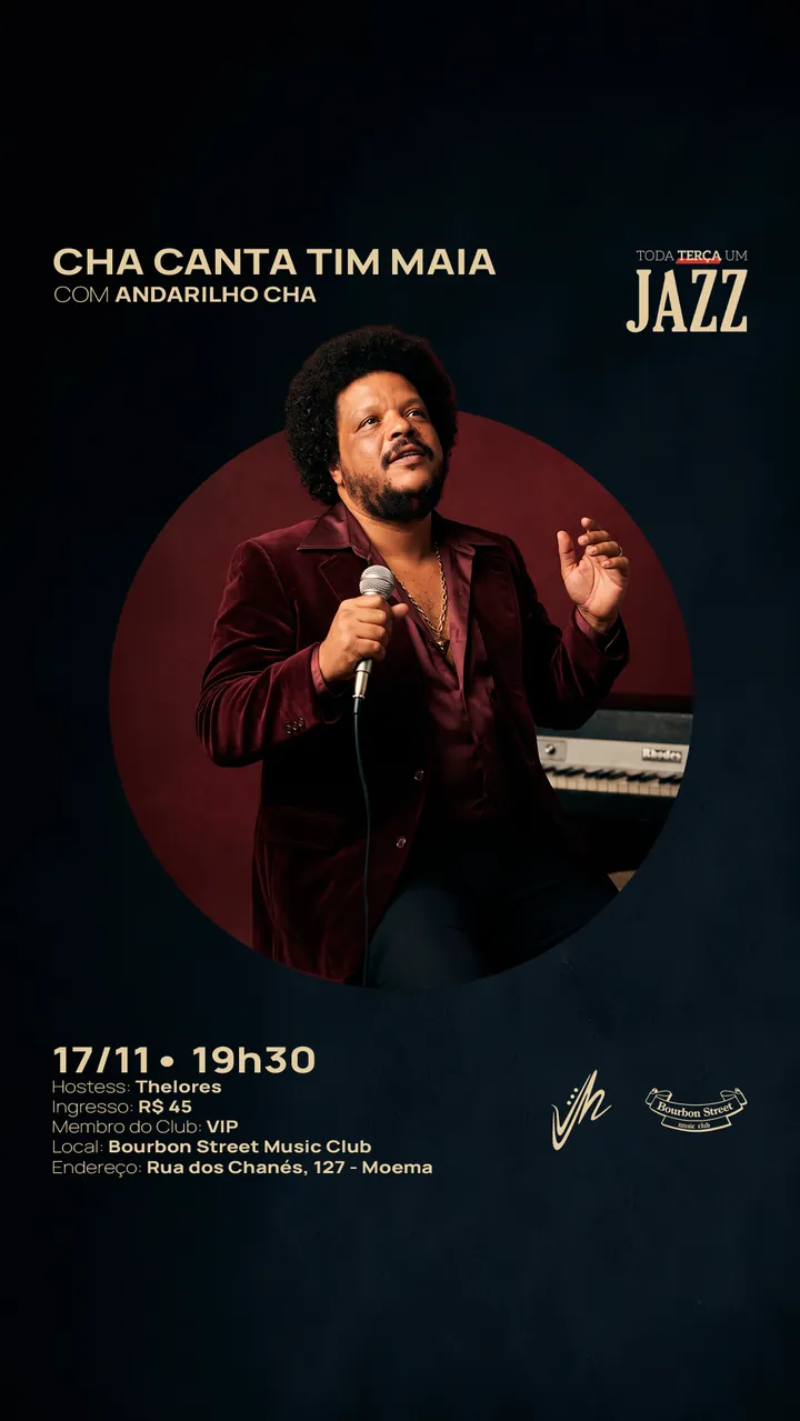 Cartaz de Cha Canta Tim Maia com Andarilho Cha, 17 de novembro, 19h30.