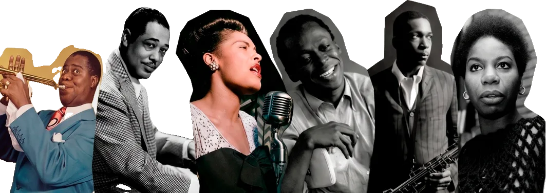 Recortes de Louis Armstrong, Duke Ellington, Billie Holiday, Miles Davis, John Coltrane e Nina Simone