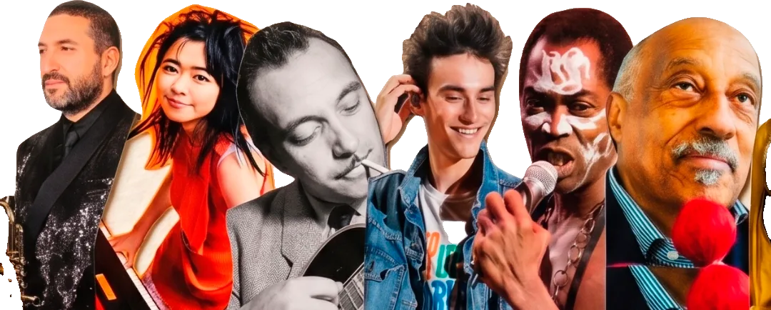Recortes de Ibrahim Maalouf, Hiromi Uehara, Django Reinhardt, Jacob Collier, Fela Kuti e Mulatu Astatke