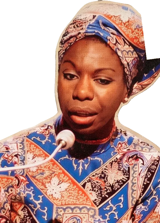 Nina Simone ao microfone, em recorte de colagem